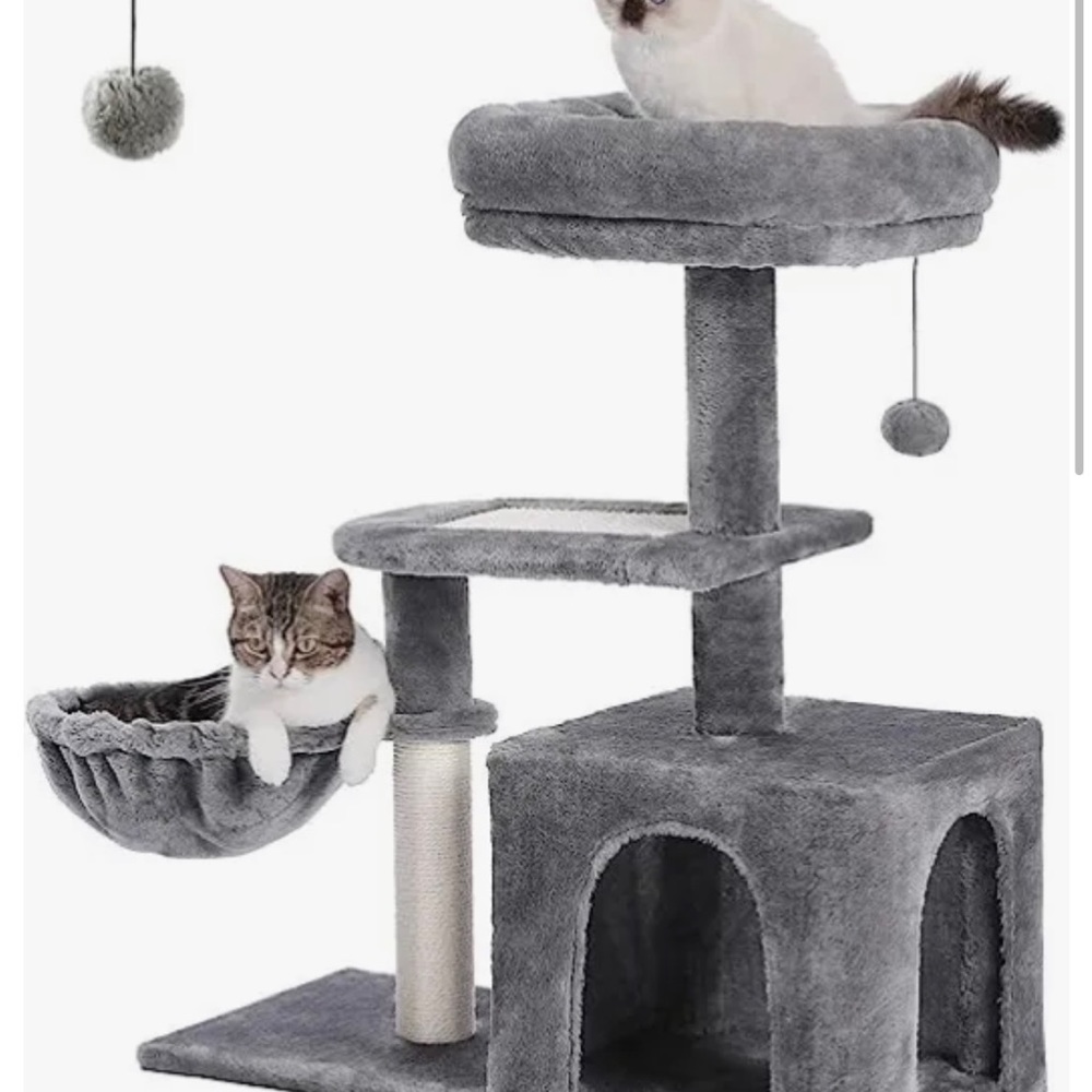 Cat tree without ball toy and is light gray